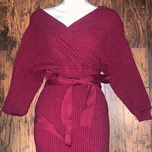 Burgundy, off the shoulder sweater dress